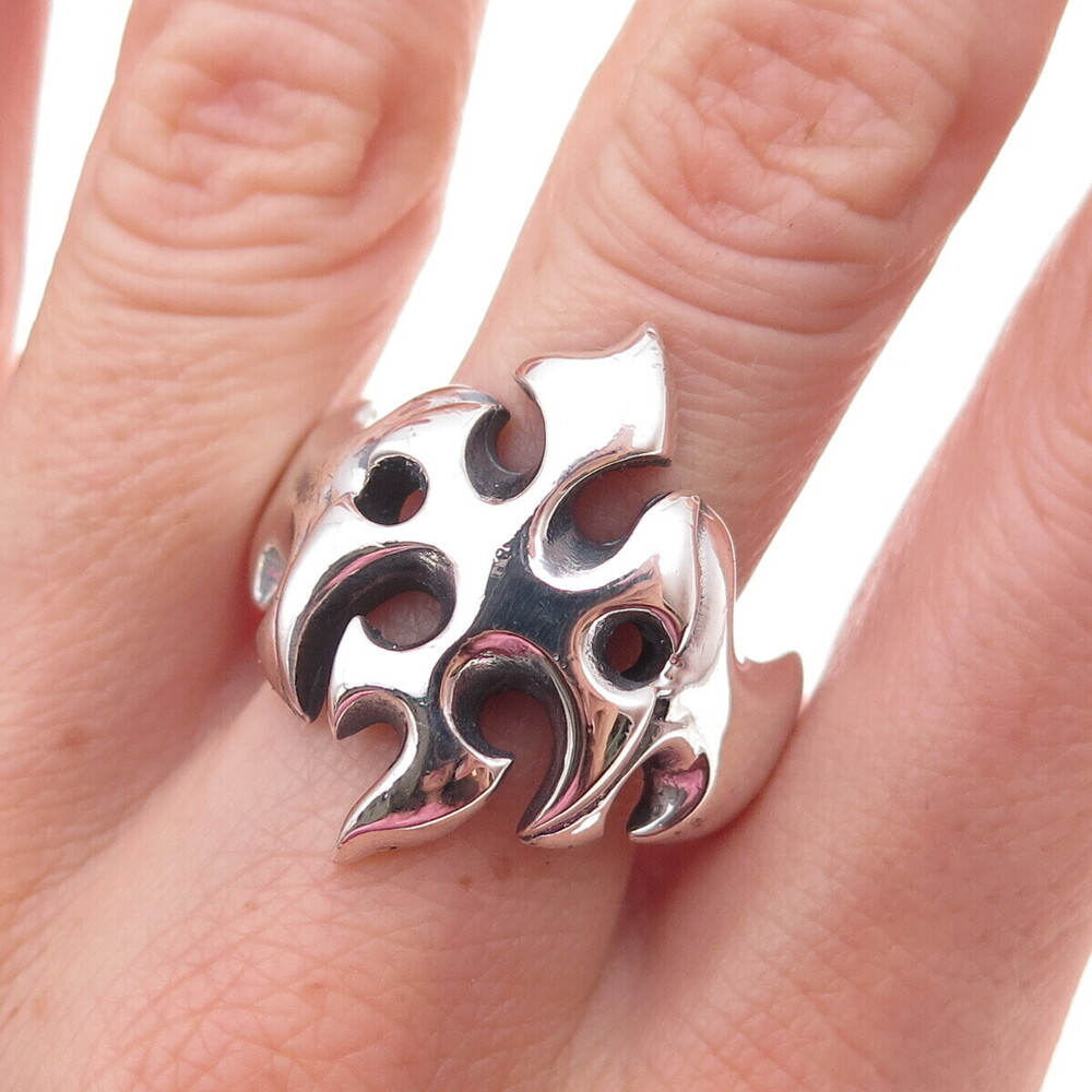 925 Sterling Silver Vintage Flame Cross Oxidized Biker Ring Size 11.25